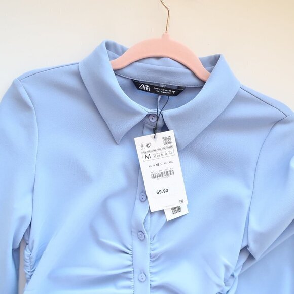 Zara Blue Bodycon Asymmetric Ruched Draped Long Sleeve Mini Shirt Dress - Picture 10 of 13